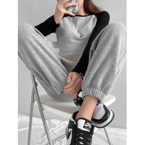 灰色运动裤女宽松春秋冬款卫裤直筒休闲裤辣妹九分束脚裤长裤子潮